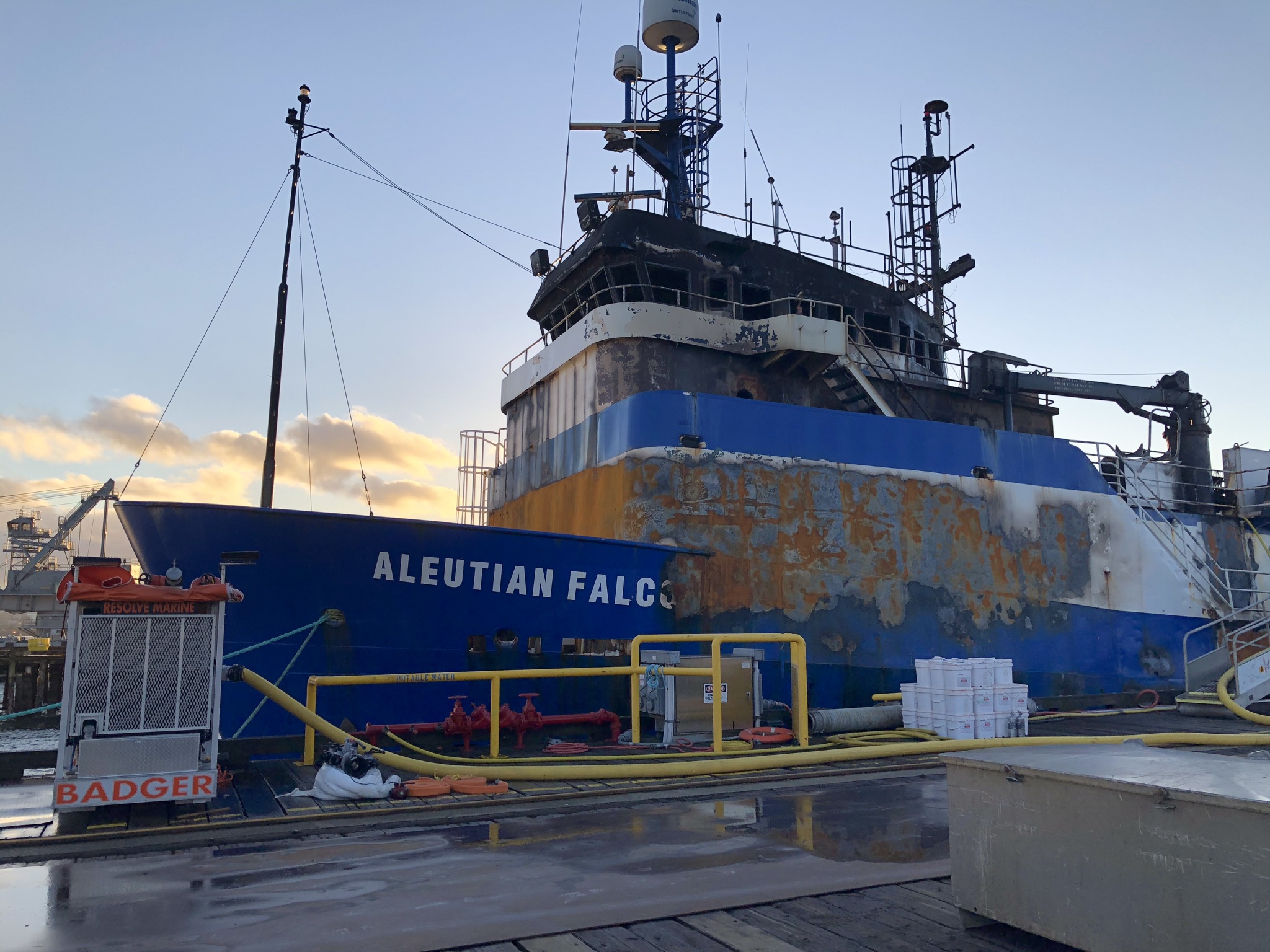 Image of FV Aleutian Falcon after the fire was extinguished.